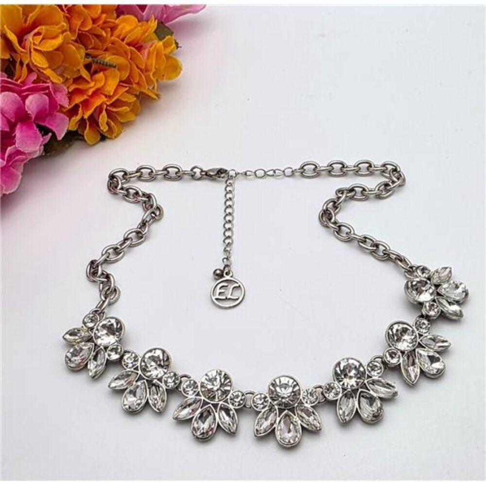 Erica Lyons Silver Tone Crystal Flower Bib Necklace Adjustable 19 in